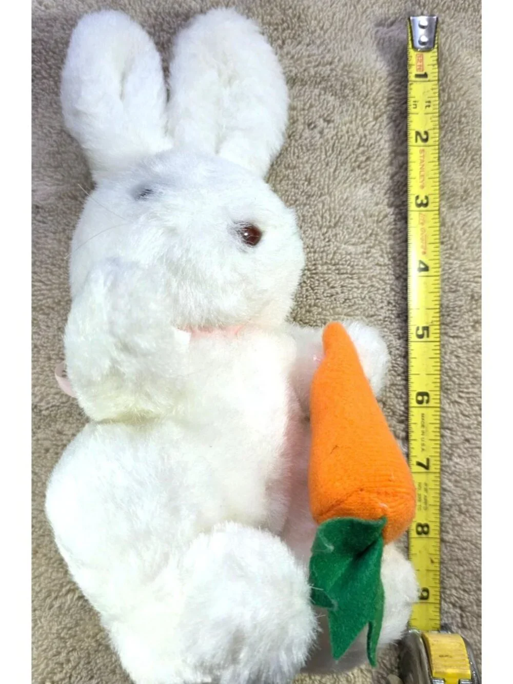 White Plush Bunny Vtg 90s A&B Novelty Pink Bow Felt Carrot Rabbit Easter